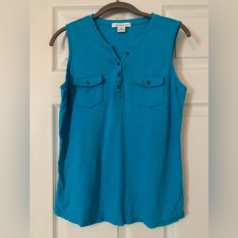 Liz Claiborne bright blue V neck Tank top with pocket detail on front